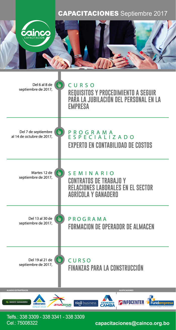 CAINCO - AGENDA MENSUAL DE CAPACITACIONES - SEPTIEMBRE 2017